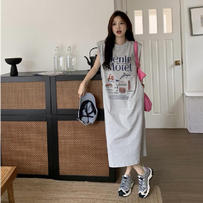 

YYFS Женская мода лето весна без рукавов с круглым вырезом свободная талия повседневные платья XXL серый