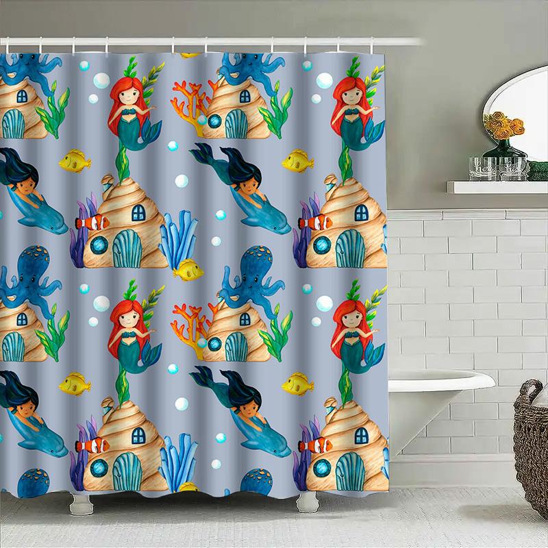 

Underwater Mermaid House Coral Castle Shower Curtain Blue Fish Octopus Yellow Fish Purple Sea Anemone 3D Printed Waterproof Fabr 90x180cm