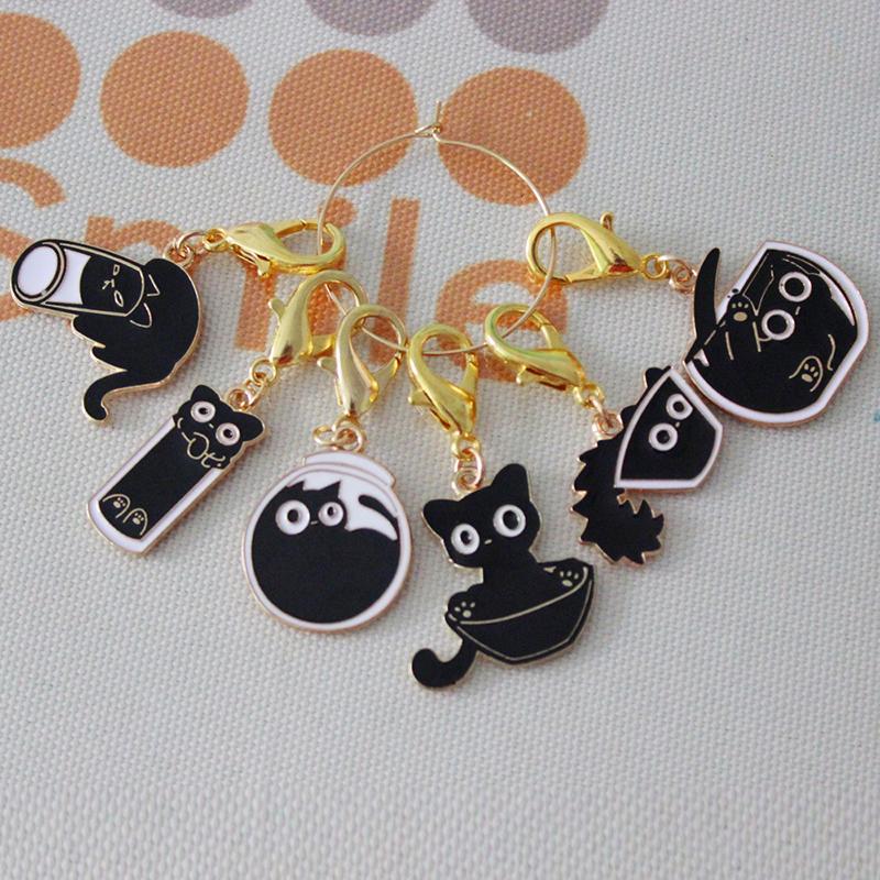 6 Pcs/Set Zinc Based Alloy & Iron Based Alloy Knitting Stitch Markers Black Cat Animal Crochet Latch For Diy Craft Tool