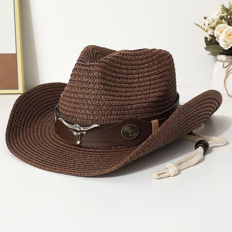 Vintage Western Straw Cowboy Hat Unisex With Belt Buckle Decoration Outdoor Beach Vacation Wide Brim Sun Hat Holiday Gift