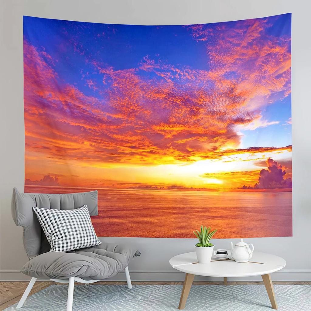 Sunset Beach Tapestry Ocean Waves Tapestry Golden Sky Tapestry Home Living Room Bedroom Dorm Wall Hanging Decorative Blanket