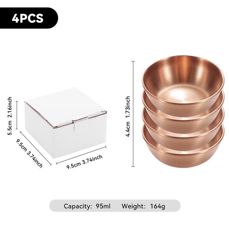 4-Piece Set of Gold 304 Stainless Steel Round Seasoning & Dipping Bowls for Soy Sauce