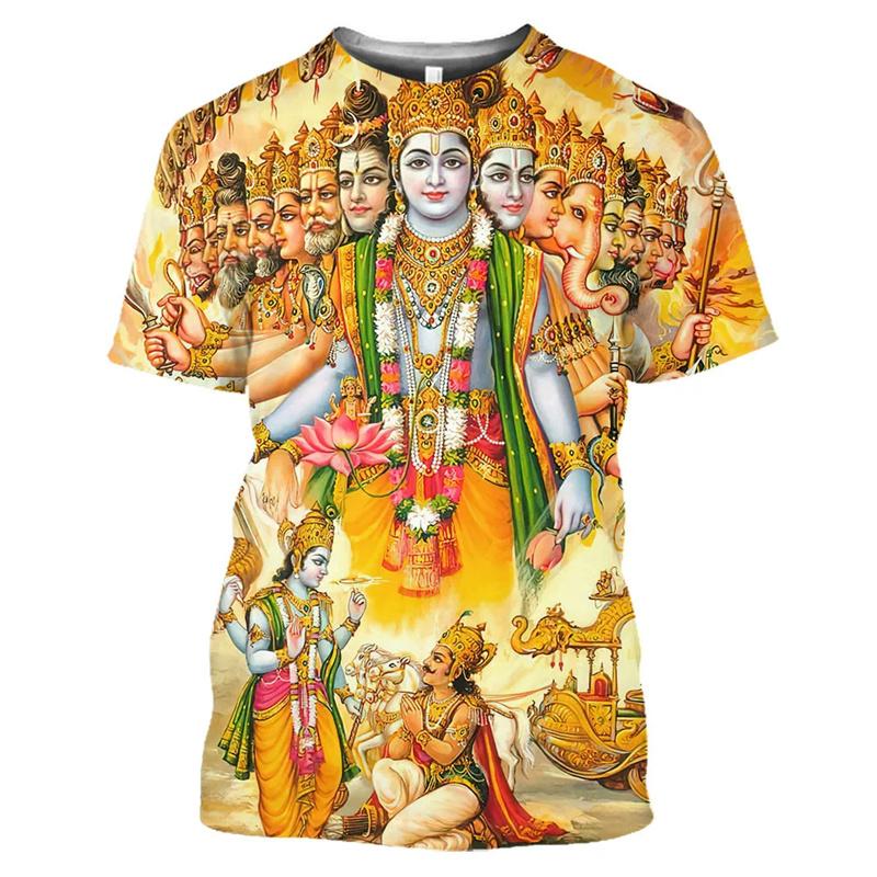 Summer Round Neck 3D Hindu Deities Graphic Print Top Fashionable Casual Short Sleeved Men's and Women's Unisex T-shirts