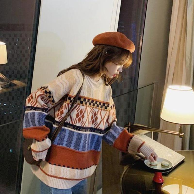 Women Striped Spliced Long Sleeved Sweaters Korean Retro Artistic Loose Knit Tops Autumn Casual Versatile Woman Pullover Sweater