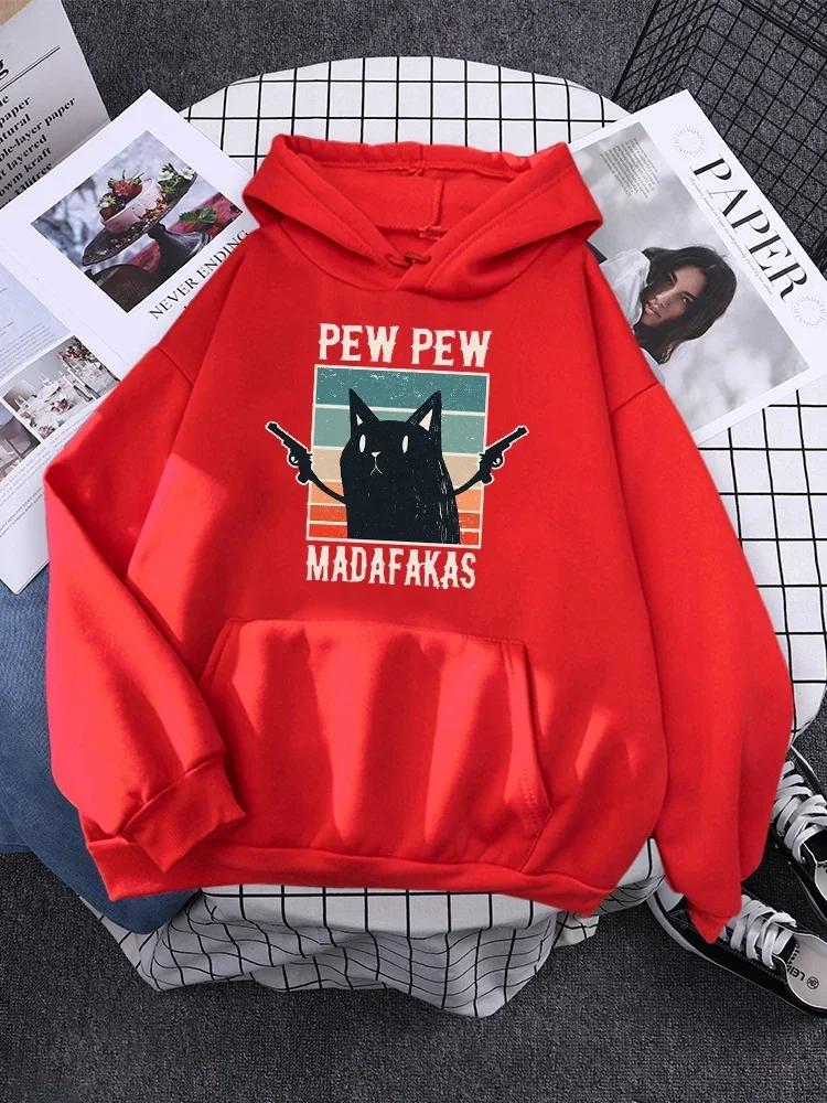 Outdoor Streetwear All match Casual Female Sportswear Pew Madafaks Cat Hold Guns Warm Fleece Hoodies For Women