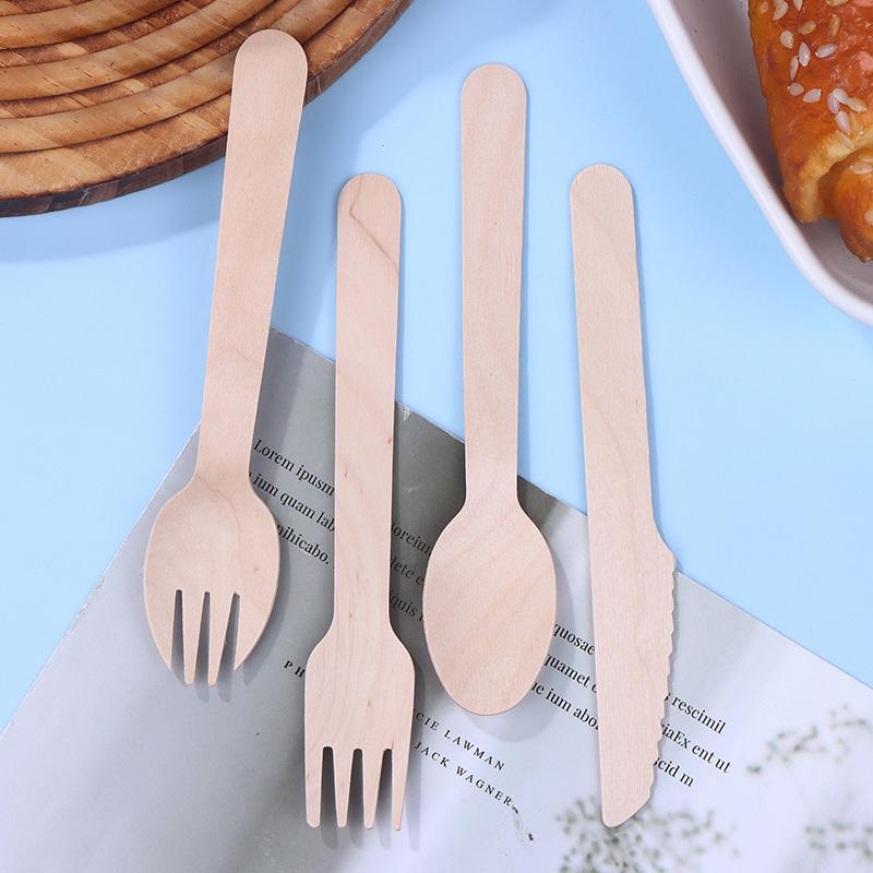 100 Pcs Disposable Wooden Cutlery Forks/Spoons/Cutters Knife Party Supplies Kitchen Utensil Dessert Tableware Packing Set