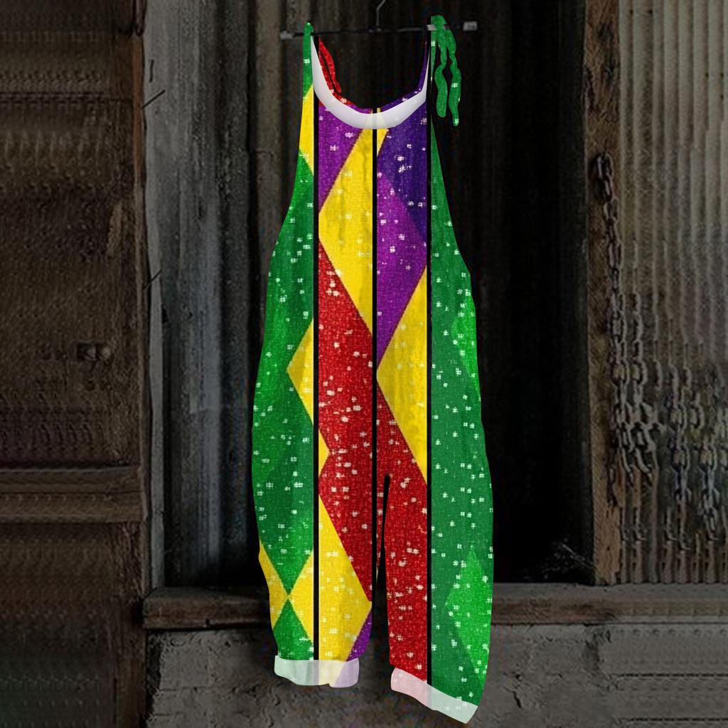 Women's Casual Jumpsuit Sleeveless Carnival Mask Print Loose Retro Overalls Jumpsuit