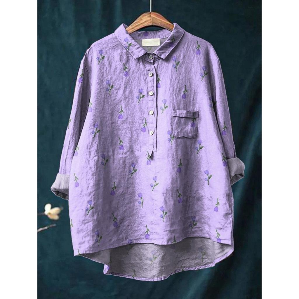 Ladies' Casual Loose Fit Floral Printed Button Up Shirt -Fish School Pattern