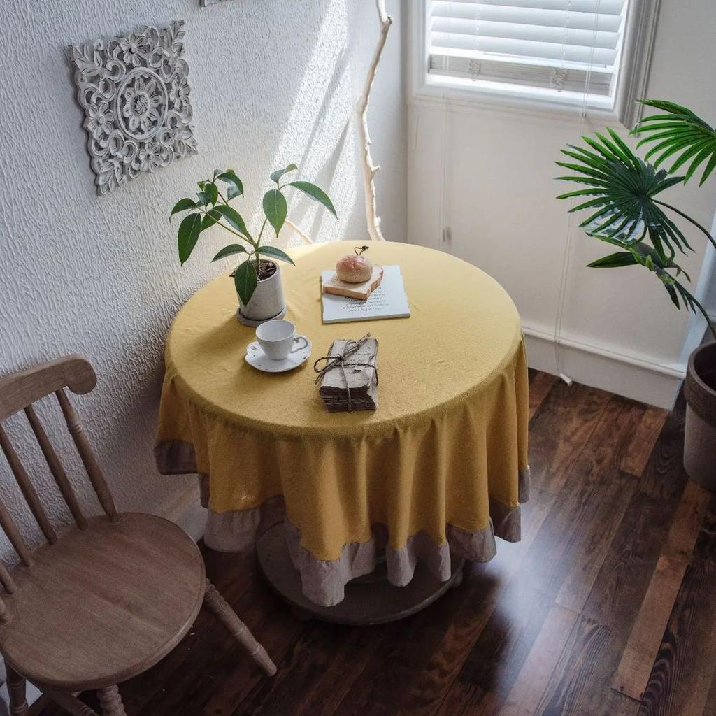 French Romantic Simple Ruffle Tablecloth Cotton Linen Table Cover American Round Tea Table Literary Retro Party Decoration
