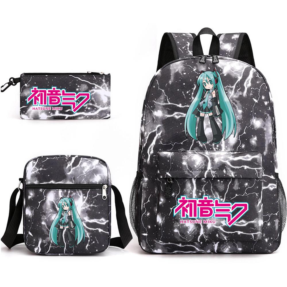3Pcs/set Anime Cartoon Hatsune Miku Printed Backpack with Shoulder Bag Pencil Case for Teenager Student Boy Girl Large Capacity Waterproof School Bag