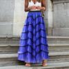 Women Skirt High Waist A-line Big Swing Ruffle Contrast Color Scattered Hem Pleated Patchwork Princess Style Elastic Waist Ankle Length Maxi Skirt
