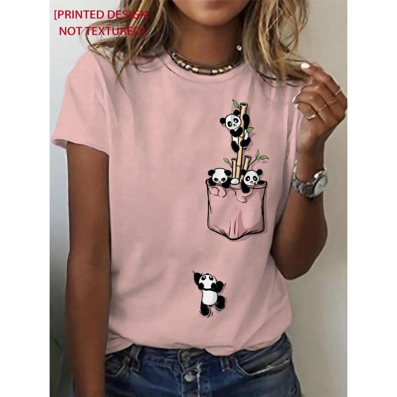 Panda Print Crew Neck T-Shirt, Casual Short Sleeve Top for Spring & Summer, Women's Clothing