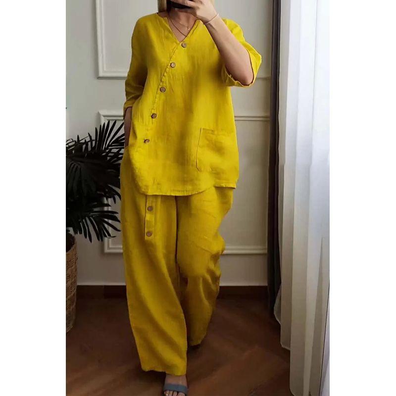 

Loose Top and Trousers Suit Loose Solid Color Three-Quarter Length Sleeve V Neck Tops Loose Pants Two-piece Set Yellow L