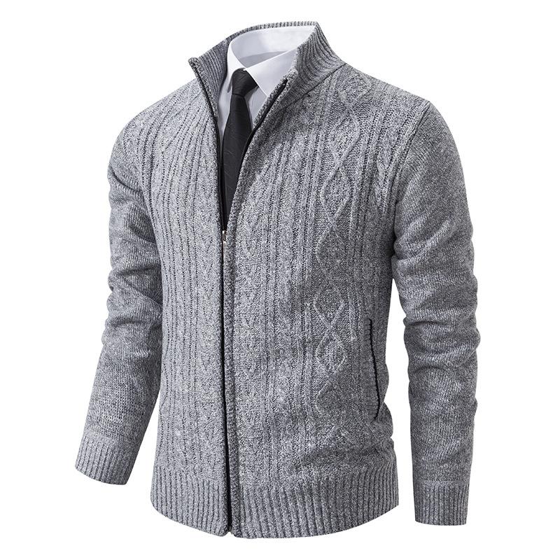 Men's stand-up neck cardigan sweater dad's knitted sweater thickened fashion jacquard knitted jacket men's