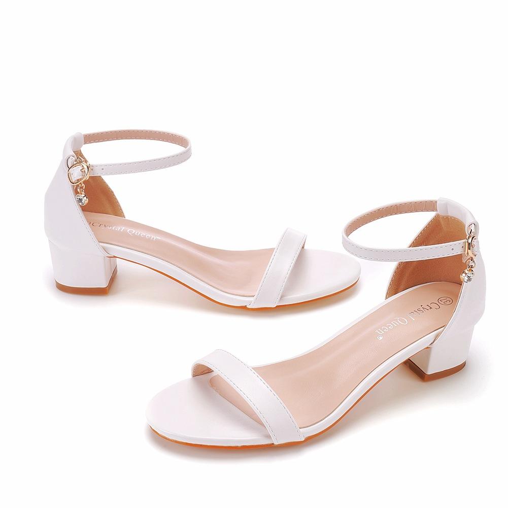 Fashion Round Toe Large Size Clear Heels Female Sandal Buckle Strap Comfort Shoes for Women Shallow Mouth Big Girls Block Low Beige Scan