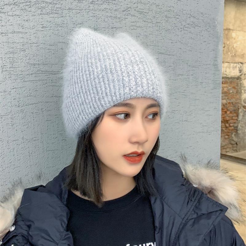 Neue Frauen Nette Katze Ohr Winter Hut Doppel-schicht Kaninchen Pelz Hut Stilvolle Weiche Beanie Hut Für Frauen Warme grils Gestrickte Hut