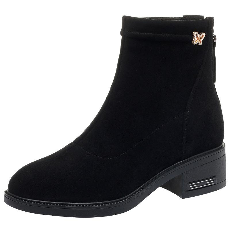 Women's Autumn Winter New Low Heel Comfortable Plush Velvet Fashion Black Suede Short Boots Zipper Warm Snow Boots