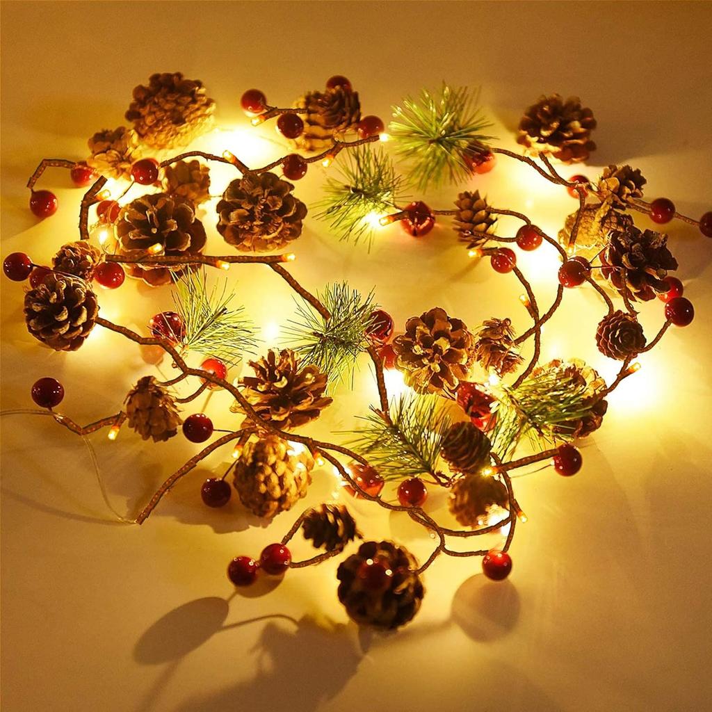 FUNPENY Christmas PineCones String Lights, 6.56Ft 20 LED Pine Needles Red Berries Fall Light Garland, Indoor Outdoor Decor for Thanksgiving Christmas