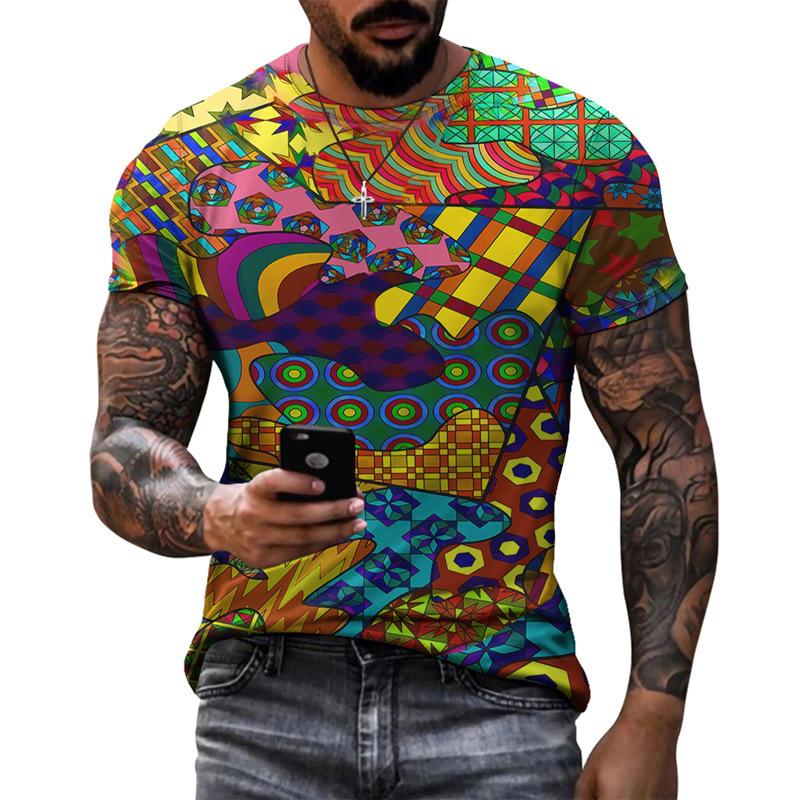 Summer Round Neck 3D Vibrant Ethnic Print Top Fashionable Casual Short Sleeved Men's T-shirts