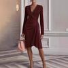 Women Sexy Slim Fit Solid Color Long Sleeve Hip Hugging Mid Length Dress
