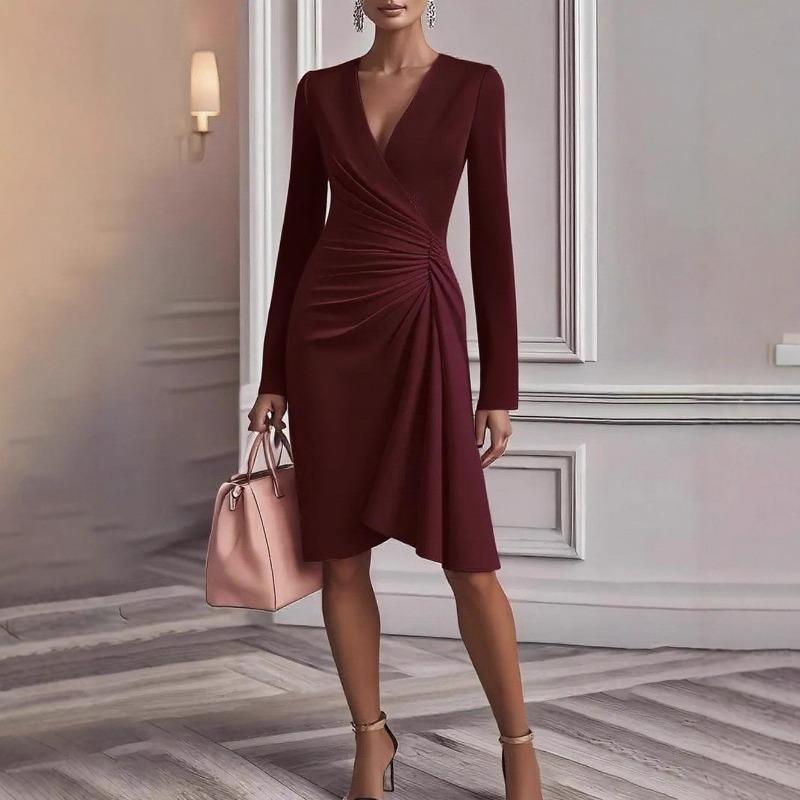 Women Sexy Slim Fit Solid Color Long Sleeve Hip Hugging Mid Length Dress