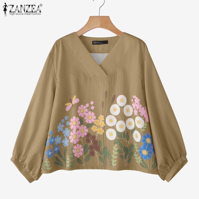 ZANZEA Women Casual V-Neck 3/4 Sleeve Loose Floral Blouse