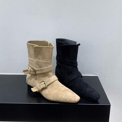 Moda Vintage Botas de Cowgirl Ocidentais Femininas Fivela de Cinto da Moda Botinhas Curtas Sapatos Concisos Quadrados de Salto Baixo para Senhoras