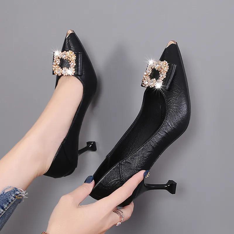 sapatos femininas women fashion black soft leather spring slip on crystal stiletto heel shoes & pumps zapatos de mujer ga689