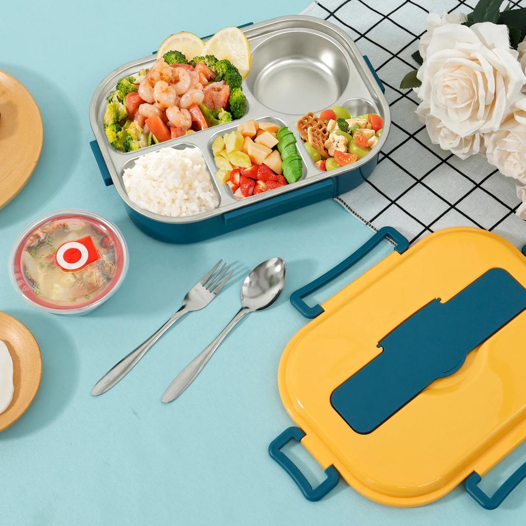 Food Container with Soup Bowl Spoon and Fork Large Capacity Food Storage Box with 5 Compartments 304 Stainless Steel Food Box