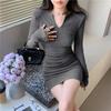 Autumn high-end women's clothing cold wind Spice girl pure desire V-neck hip-wrapped dress, small waist and thin short skirt