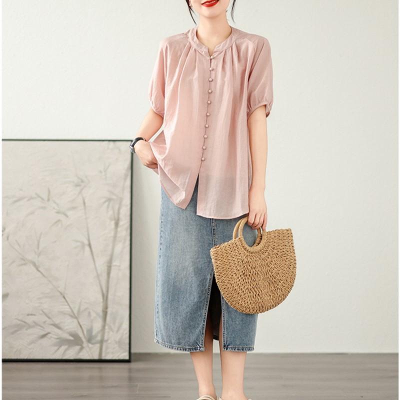 Johnature Summer Thin Simple Solid Color Women Tops Casual O-neck Short Sleeve Button Loose All Match Shirts