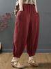 [Minesam] Women's Harem Pants, Linen Pants, Cotton Linen Blend, 9/10 Length, Knickerbockers, Plain, Lightweight, Summer Trousers, Plus Sizes (Wine Red