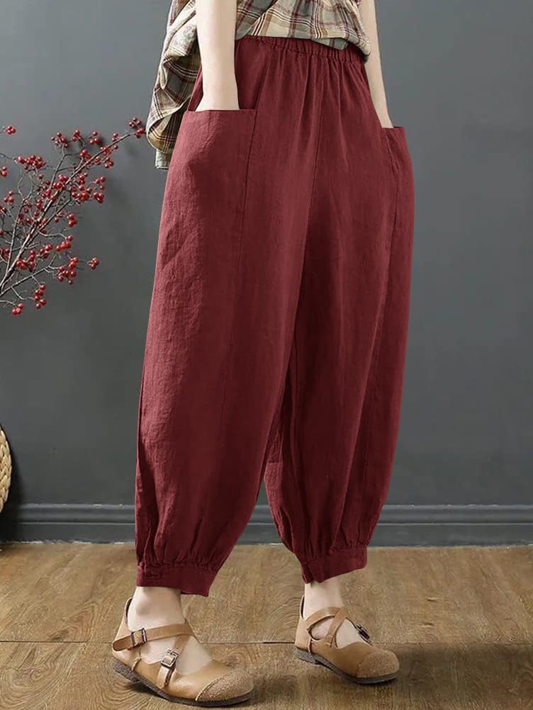 [Minesam] Women's Harem Pants, Linen Pants, Cotton Linen Blend, 9/10 Length, Knickerbockers, Plain, Lightweight, Summer Trousers, Plus Sizes (Wine Red