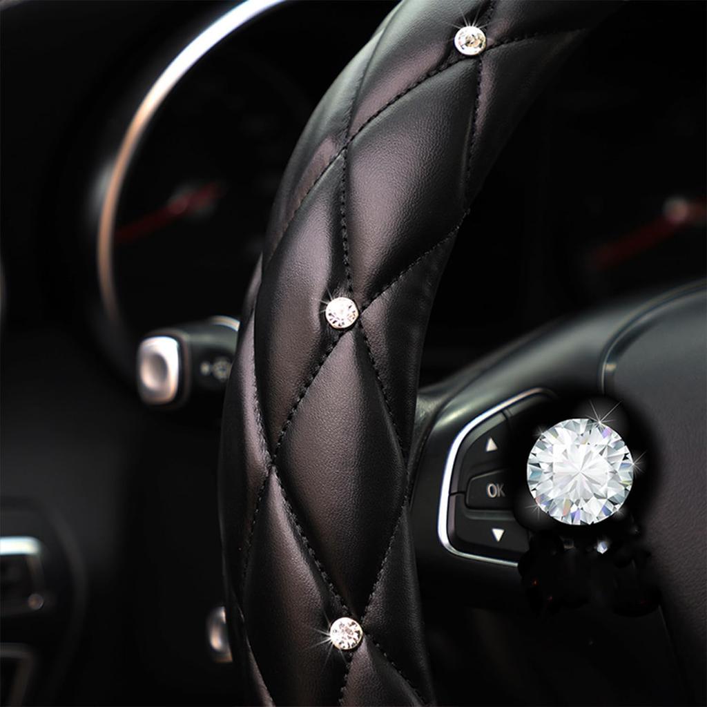 YOGURTCK Diamond Soft Leather Anti-Slip Steering Wheel Cover with Bling Bling Crystal Rhinestones, Universal 15 Inch for Women Girls, Fit Vehicles,