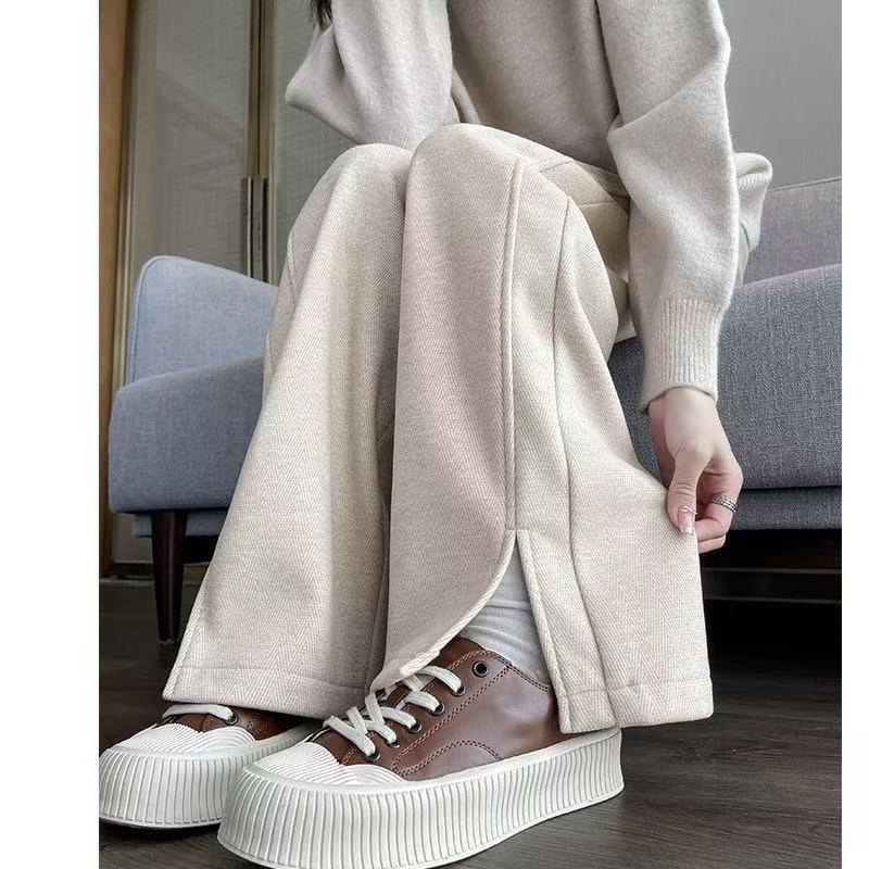 Plus Size Women's Fleece-Lined Wool Blend Split Wide-Leg Pants