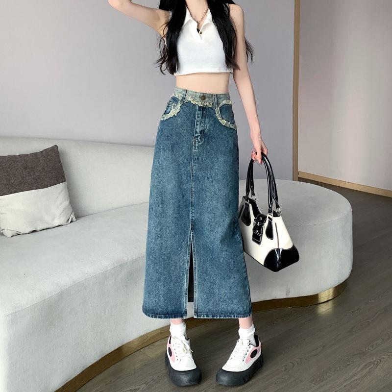 Jarní a podzimní dámské kalhoty Design Sense Vintage Split Středodélková sukně A-Line Středodélná džínová sukně do půl těla