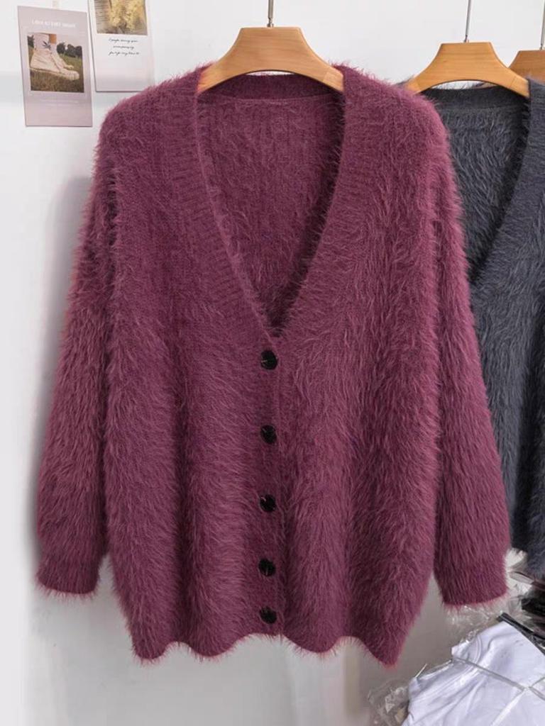 Autumn/Winter Plus Size V-neck Mink Velvet Knitted Cardigan