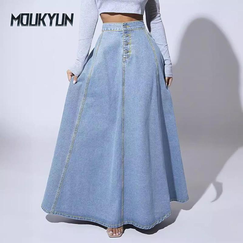 Europäischer und amerikanischer Retro-Einreiher-Jeansrock in A-Linie für Damen