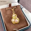 Gold Cloisonné Peach Blossom Gourd Pendant Necklace with Coffee Braided Rope