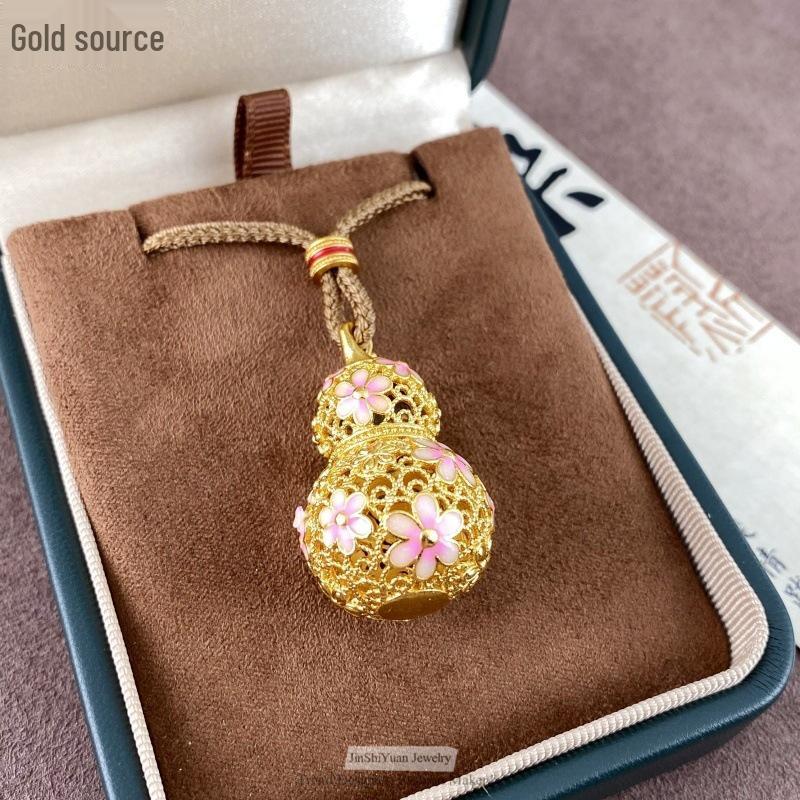 Gold Cloisonné Peach Blossom Gourd Pendant Necklace with Coffee Braided Rope