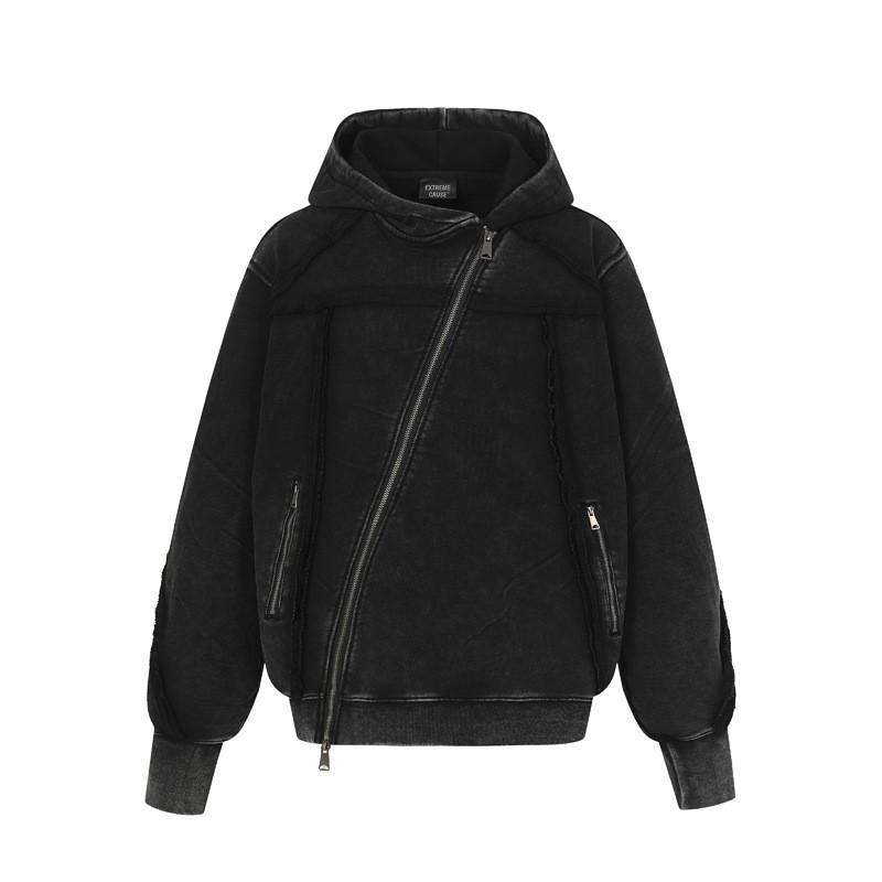 Oversized Hooded Zip-Up Sweatshirt With Distressed Washed Patchwork Design Streetwear Unisex