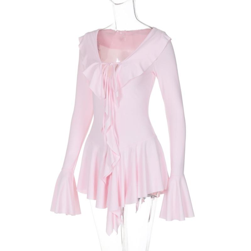 Mode Sexy Ausgestelltes Langärmeliges Tief V-Ausschnitt Kurzes Kleid Lässig Elegant Bodycon Gerüscht Geschnürt Süße Partykleider Streetwear Club Damenbekleidung