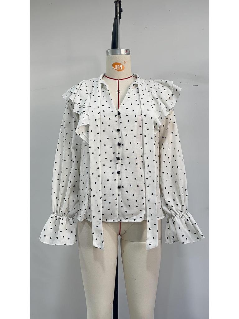 European & American French High-End Polka Dot Ruffle Long Sleeve Bow Tie Women's Shirt for Spring & Autumn