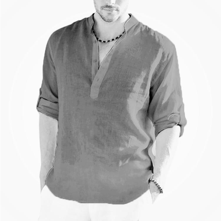 

2022 Мужская футболка с длинным рукавом из льна большого размера - свободный крой, однотонный цвет 2XL темно-серого