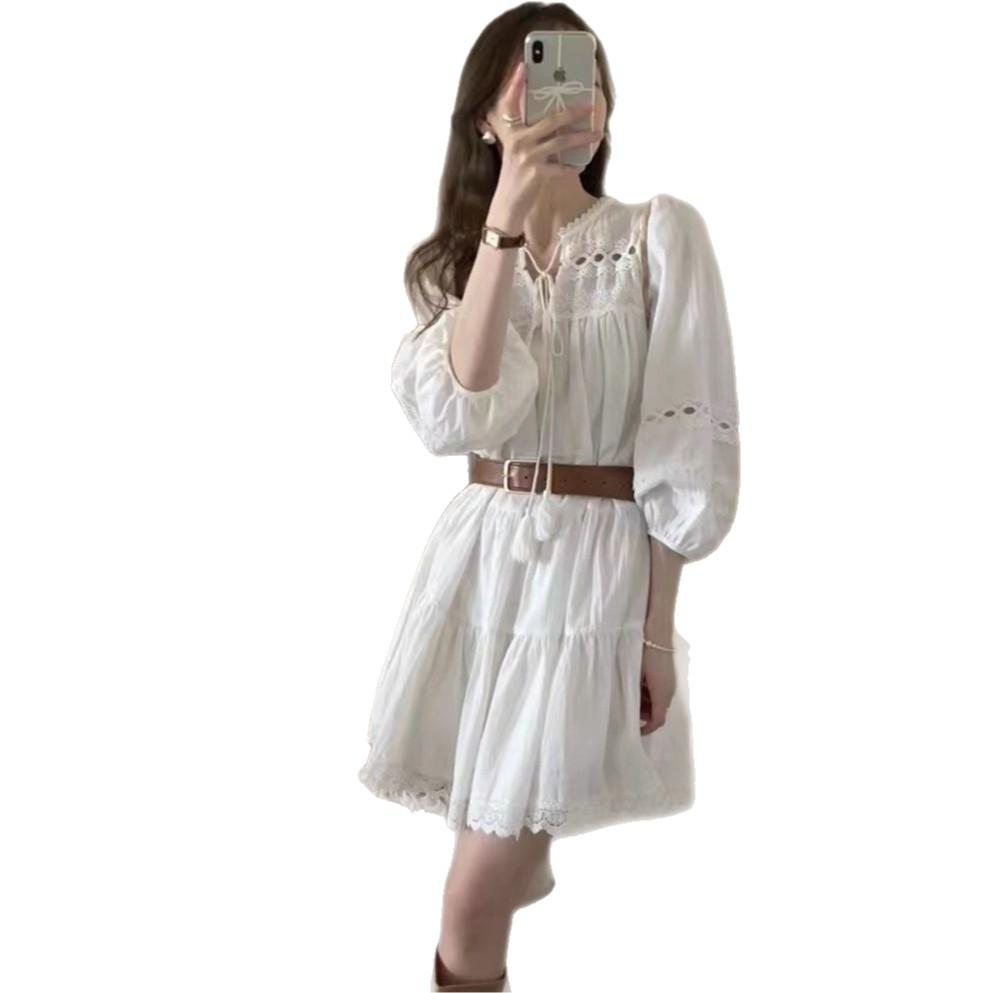 French Gentle Wind Fringed Lace Heavy Industry Hollow Lace Splicing Bubble Sleeve Dress Women