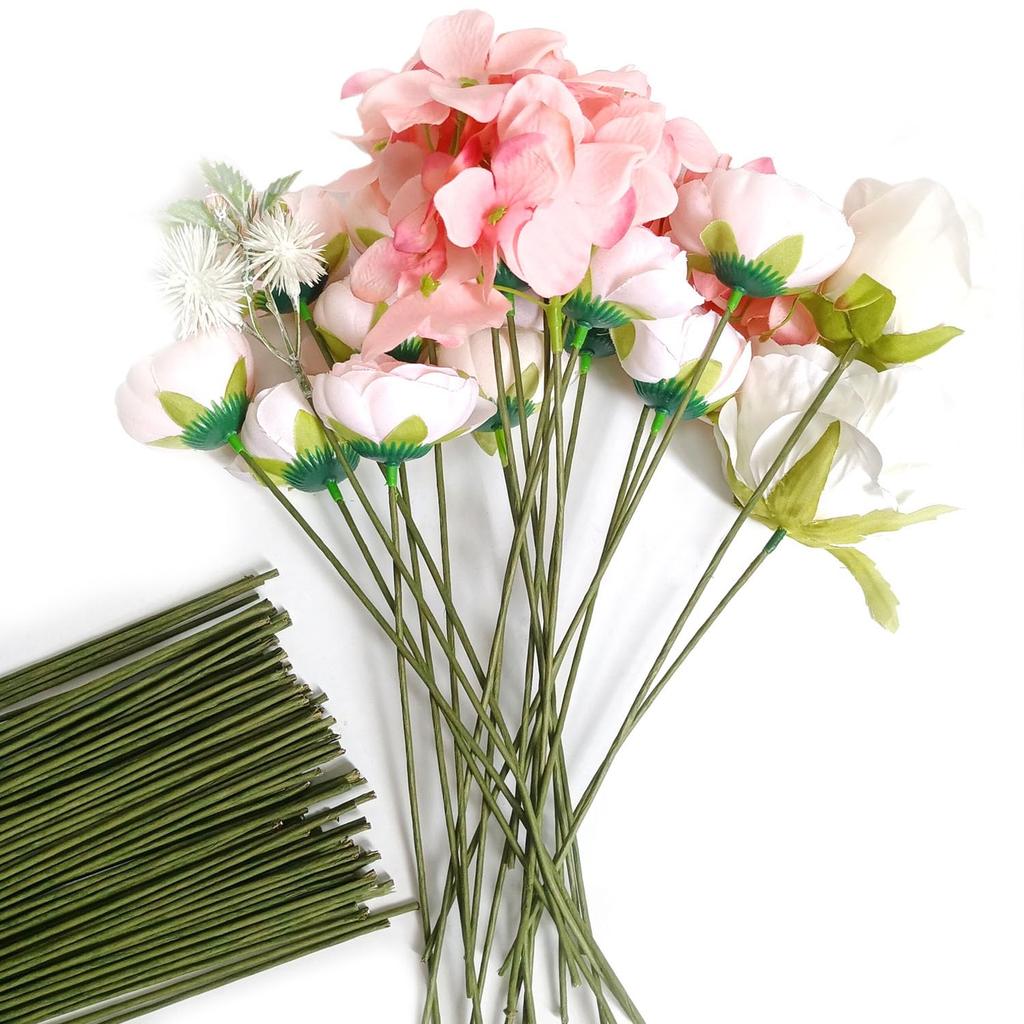 OrgMemory Artificial Flower Stems 100 Pieces 25cm 2mm Bendable Floral Craft Support Wire for DIY Bouquets Modeling and Gift