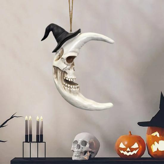 Skull Crescent Pendant Halloween Moon Hanging Decoration Gothic Resin Moon Pendant Wearing Wizard Hat for Wall Door Porch Decoration
