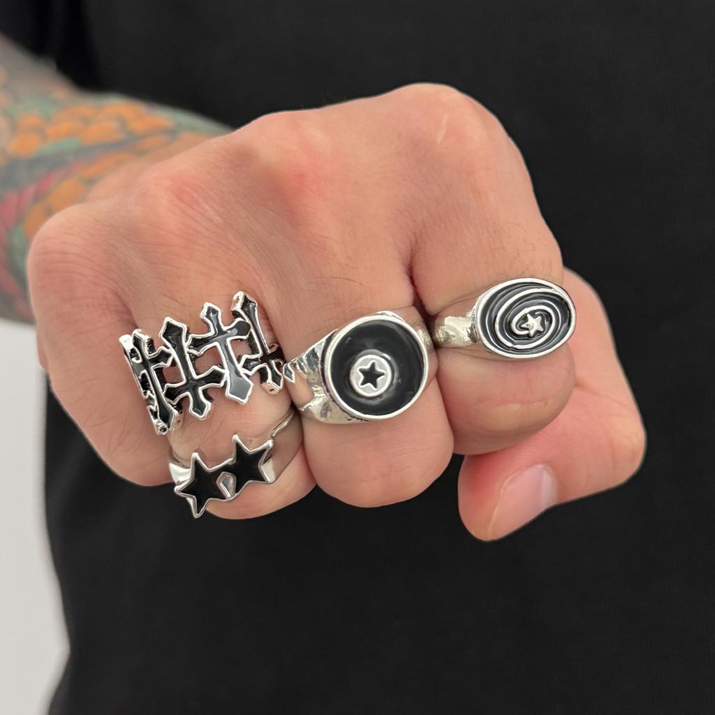 SHIXIN Lot de 6 bagues gothiques ouvertes en forme de croix et d'étoile pour homme, style punk géométrique, larges et ajustables, accessoires de bijoux pour Halloween