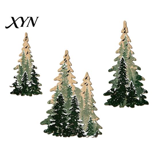 Solid Wood Hanging Tree Set 3Pcs Wooden Christmas Wall Decor, Winter Snowy Pine Rustic Decor Sign, Forest Mounted Ornaments for Xmas Holiday