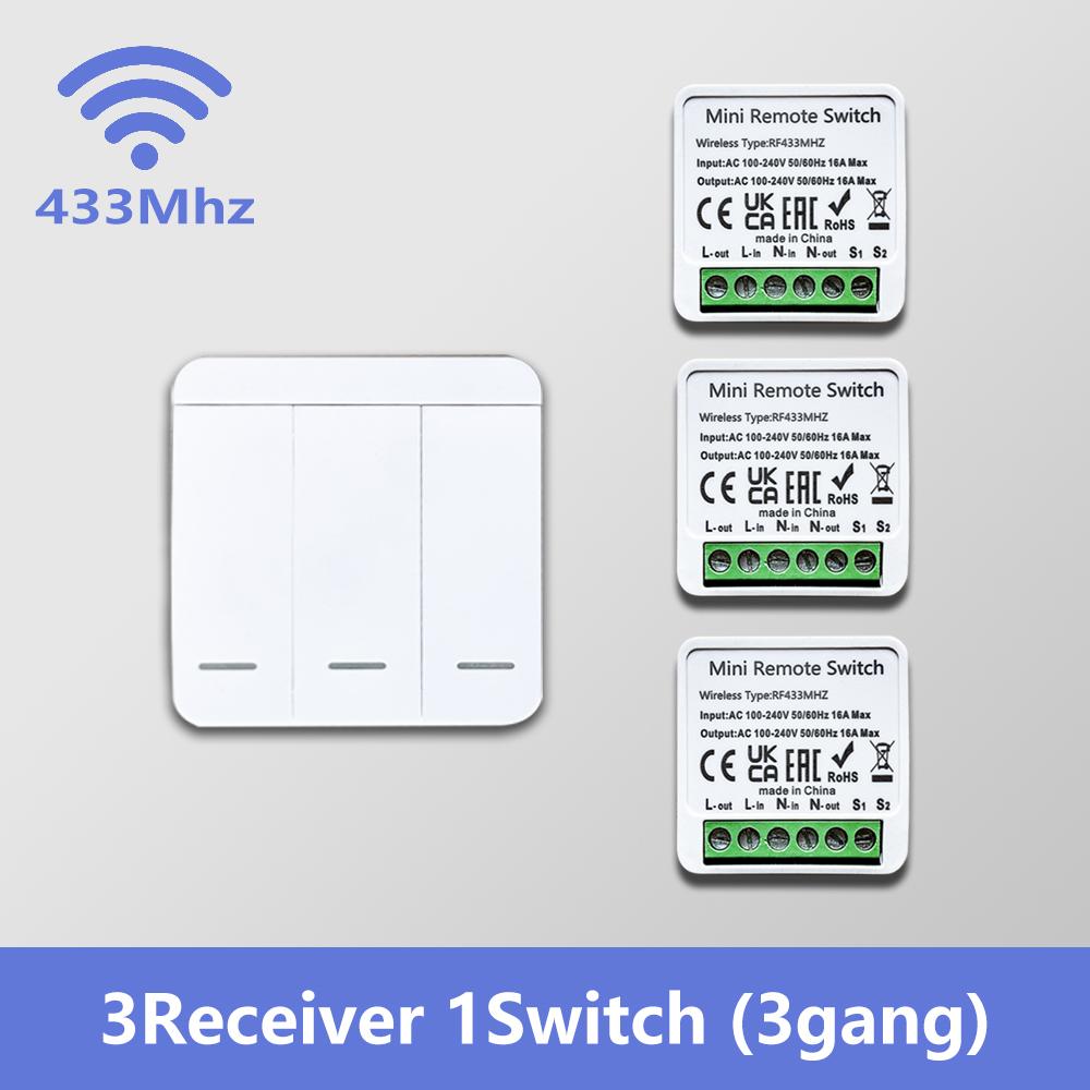 RF 433MHz Smart Switch 16A Lamp Relay Receiver 2-Way Remote Control 1/2/3 Gang Wall Switch Round Panel Mini Transmitter DIY Home